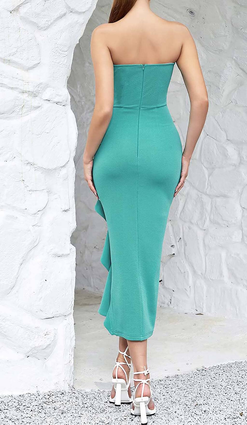 BANDEAU RUFFLES MIDI DRESS IN GREEN
