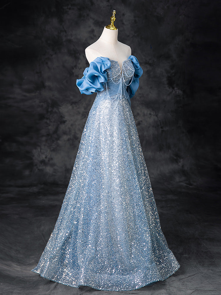 Abito blu a trapezio con spalle scoperte e paillettes e perline