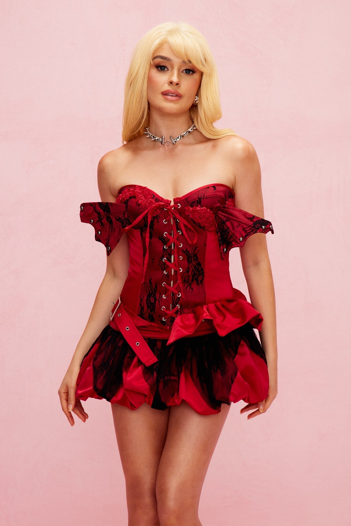 Beagan Lace Corset Lace Up Ruch Skirt Set In Red