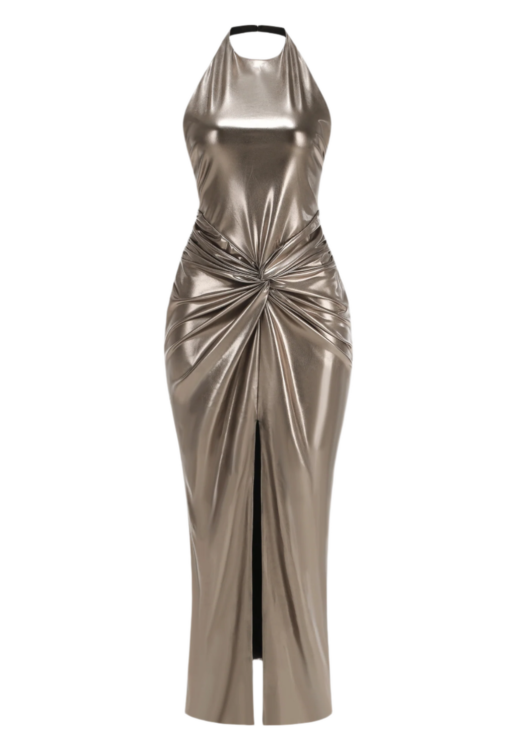 Berton Gold Halter Ruched Backless Split Maxi dress