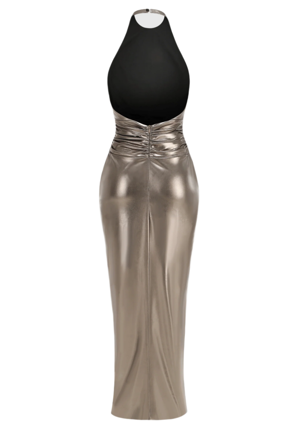 Berton Gold Halter Ruched Backless Split Maxi dress