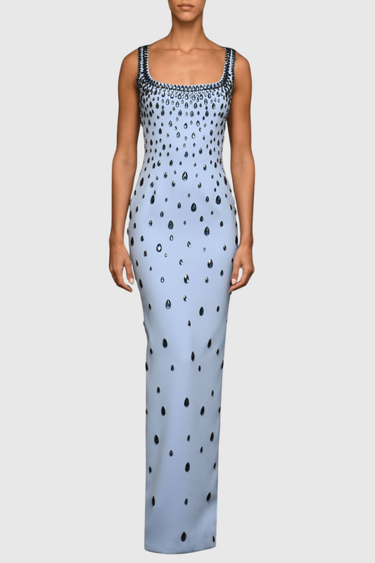 Crepe Raindrops Embroidery Maxi Dress In Blue