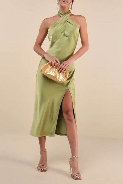 Beyond Classy Chartreuse Satin Halter Midi Dress