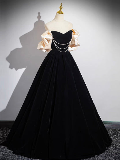 A-Line Black Velvet Long Prom Dress