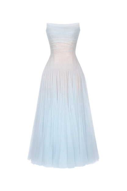 BLUE DRAPED LACE MIDI DRESS