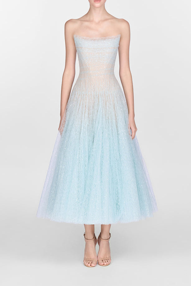 BLUE DRAPED LACE MIDI DRESS