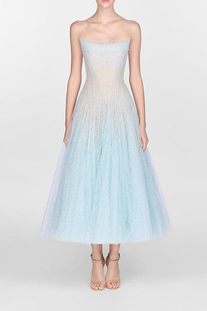 BLUE DRAPED LACE MIDI DRESS