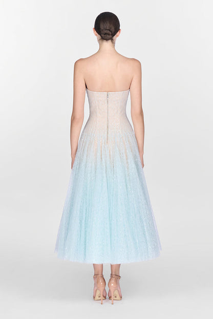 BLUE DRAPED LACE MIDI DRESS