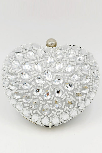 Silver Beaded Heart Shaped Party Clutch