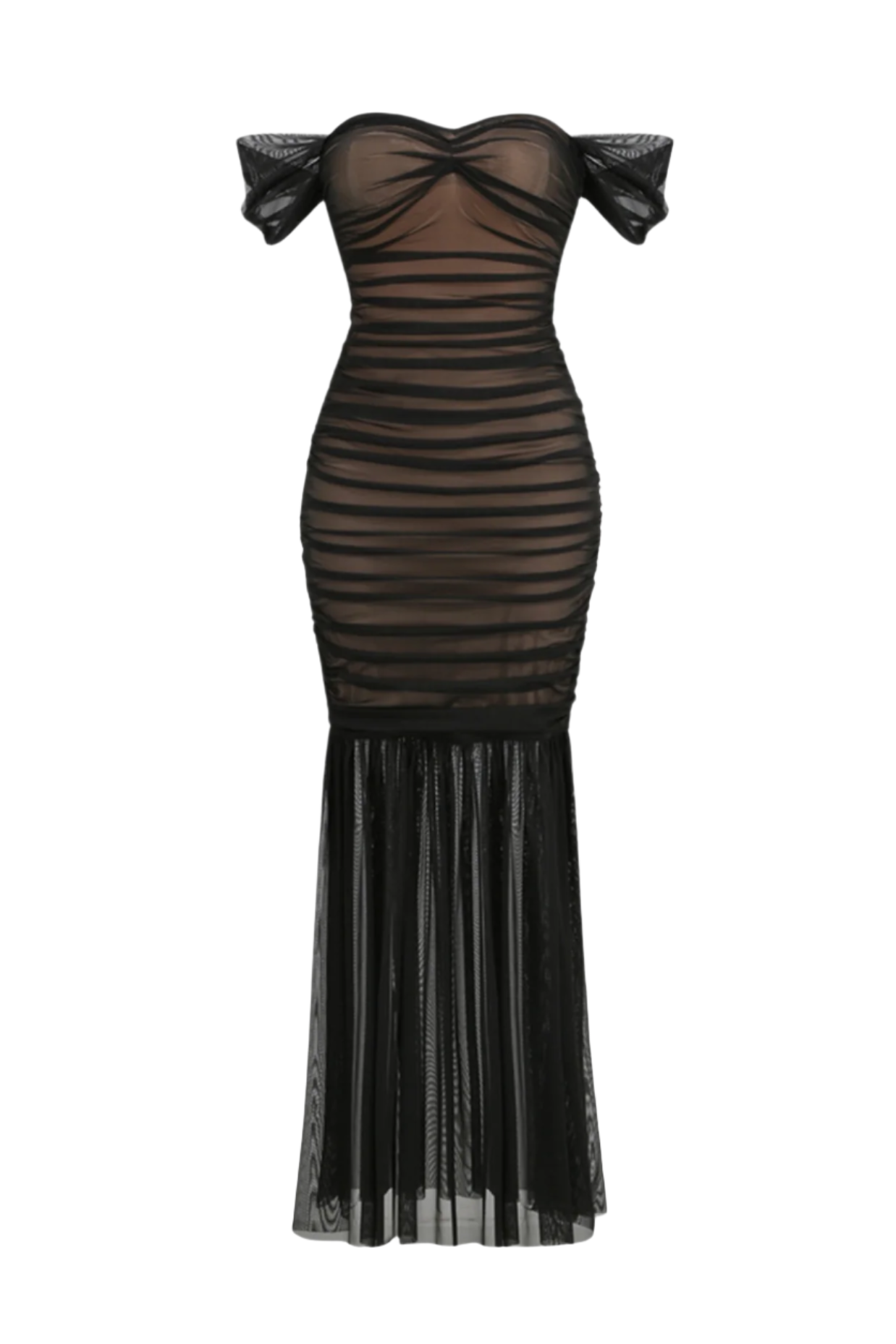 Cadhla Off Shoulder Ruched Mesh Maxi Dress