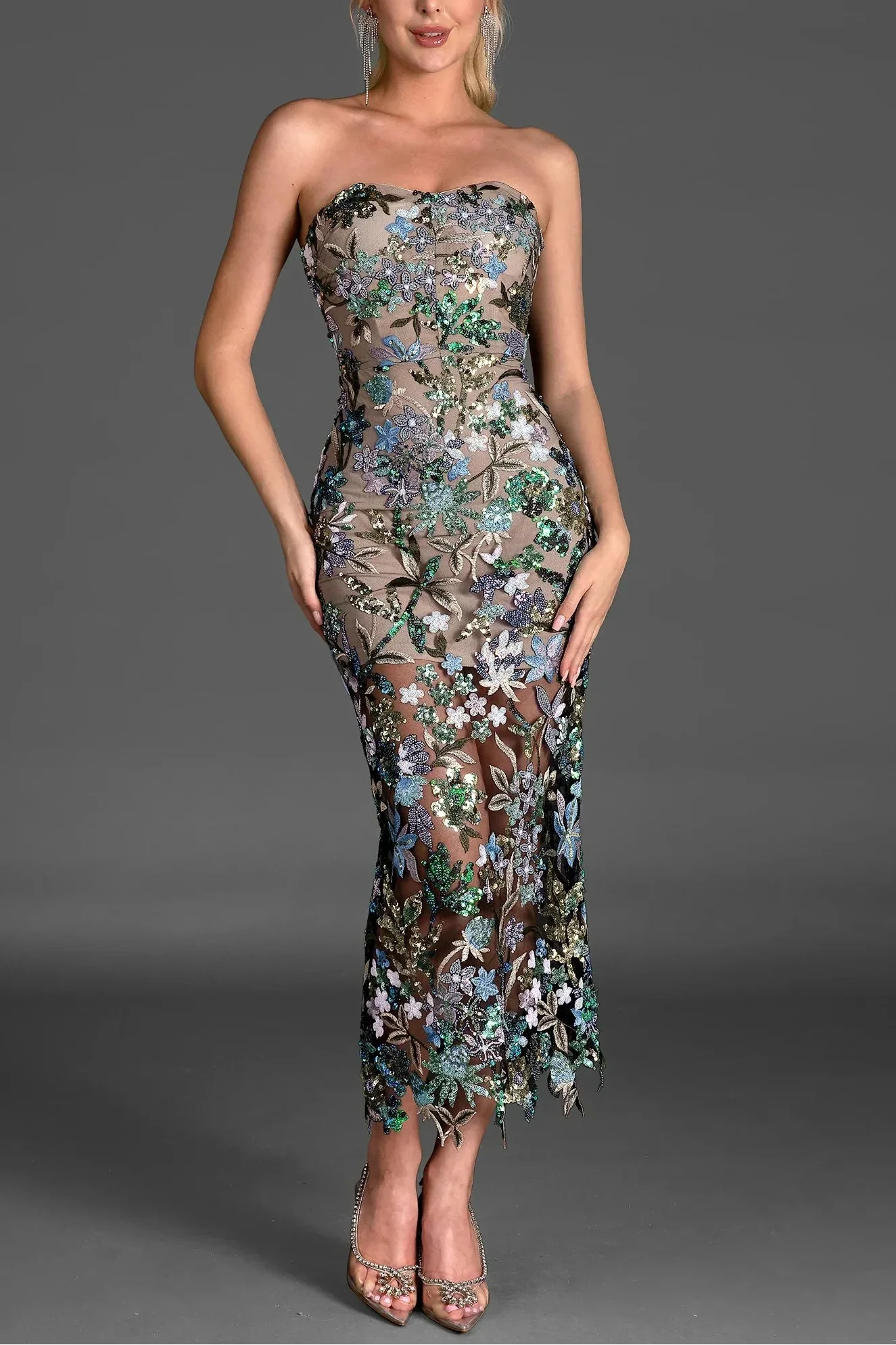 Neofytos Off Shoulder Embroidered Sequin Dress