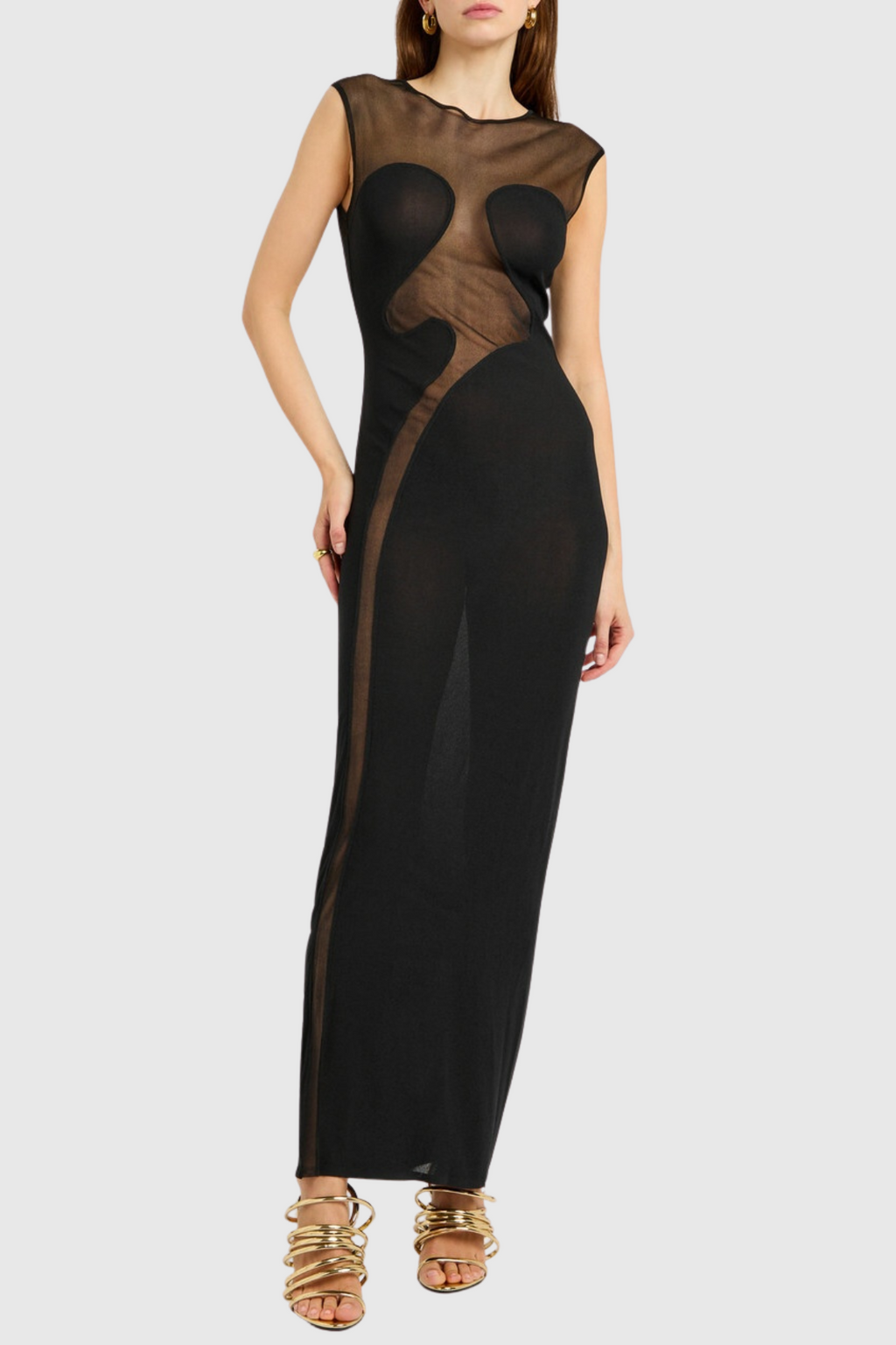 Carmina Mesh Paneled Maxi Bandage Dress in Black