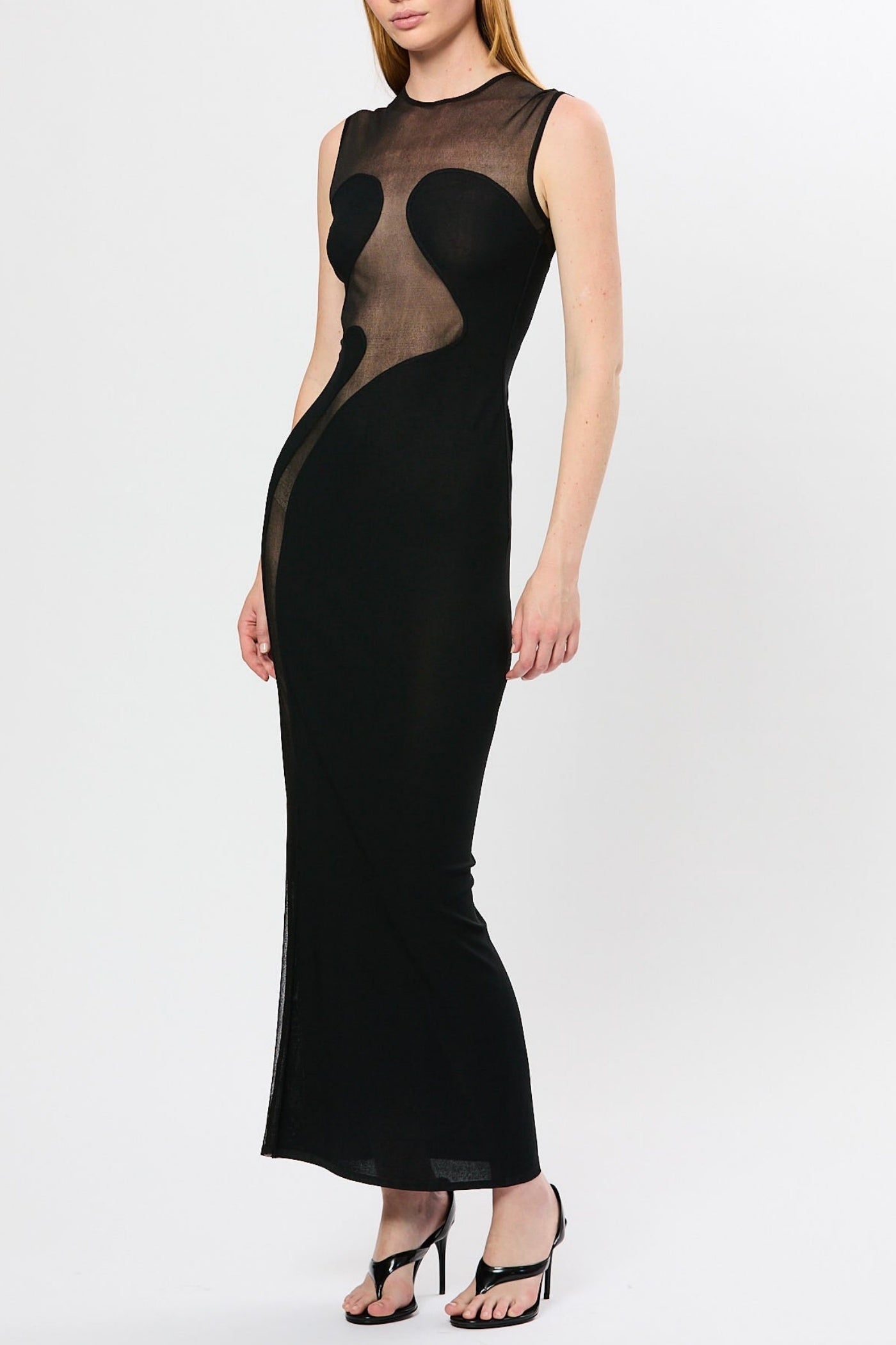 Carmina Mesh Paneled Maxi Bandage Dress in Black