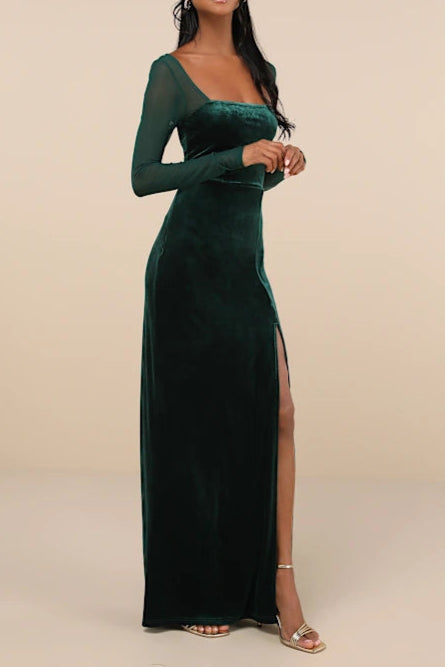 Certifiably Chic Emerald Velvet Mesh Long Sleeve Maxi Dress