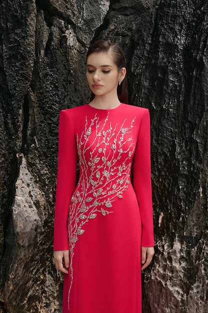 hilary red padded shoulder crystal embellished straight maxi dress