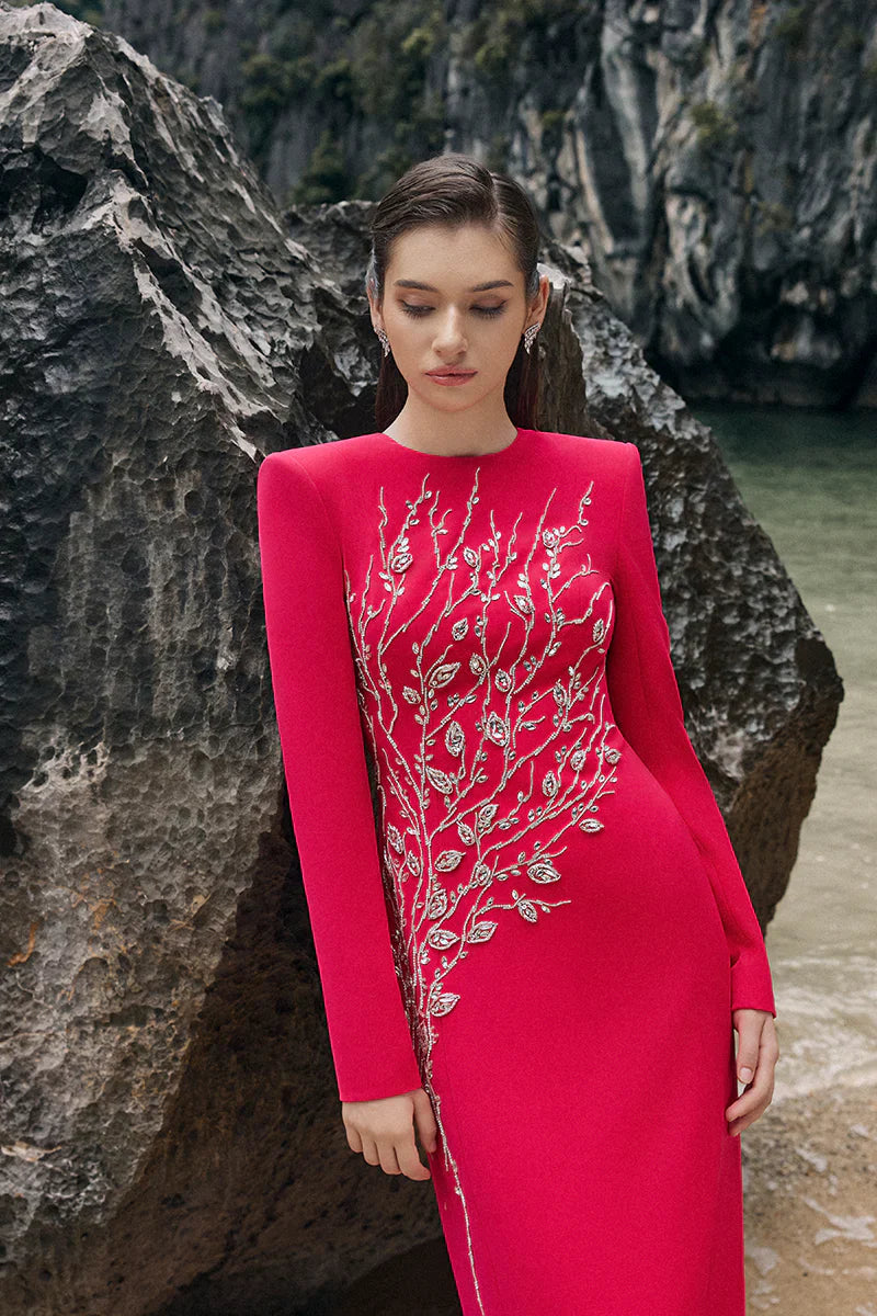 hilary red padded shoulder crystal embellished straight maxi dress