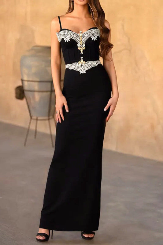 rita Rhinestone Bandage maxi dress in black