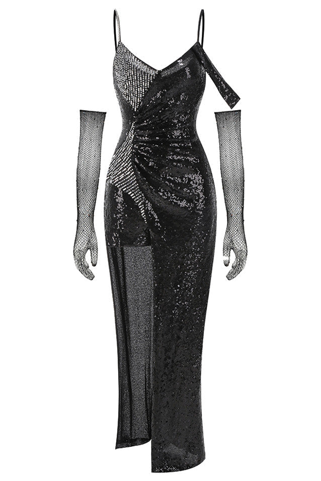 ashley sequin strap maxi dress in black