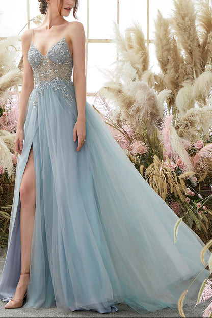 Light Blue Beading Tulle Prom Dress