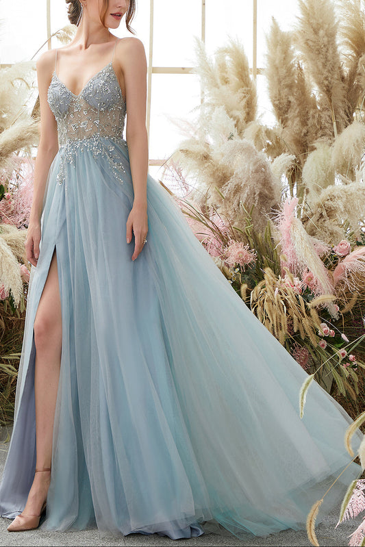 Light Blue Beading Tulle Prom Dress