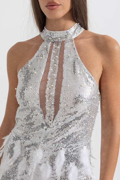 setlla Shimmering Sequin Cutouts Feathers Mini Dress - Silver