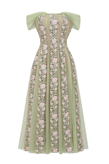 octavia Tulle Panel Floral Midi Dress in green