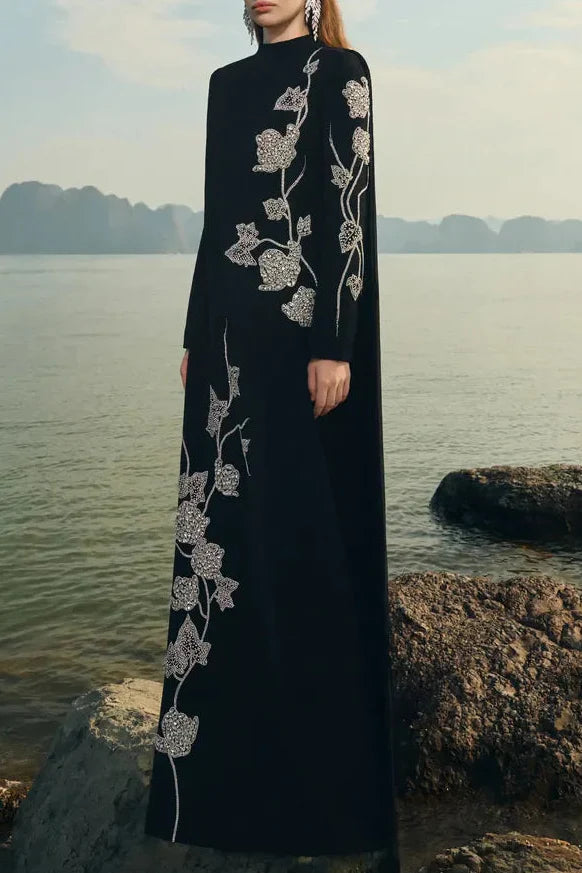 gloria High Neck Asymmetric Crystal Embellished maxi Dress in black