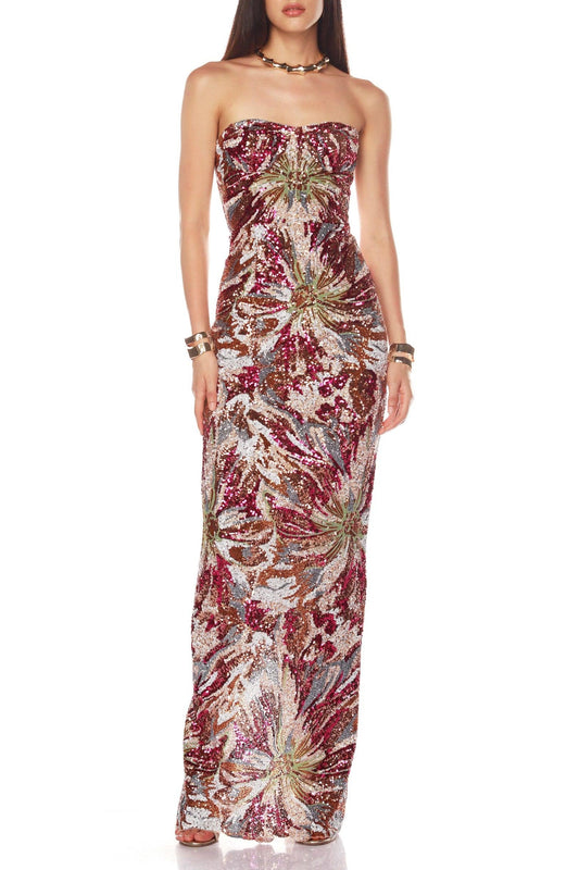 vivien fireworks pattern sequin embroidery strapless maxi dress