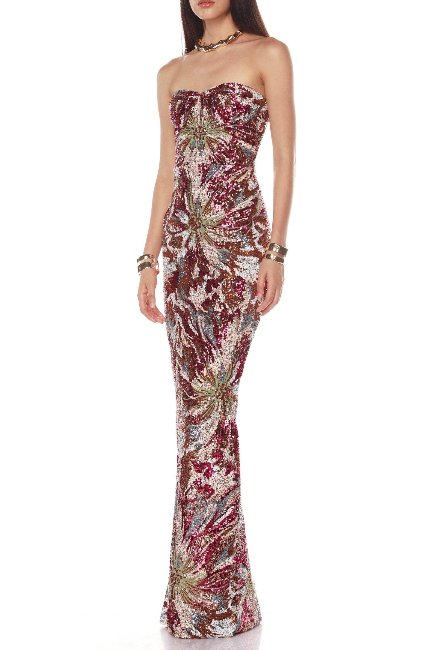 vivien fireworks pattern sequin embroidery strapless maxi dress