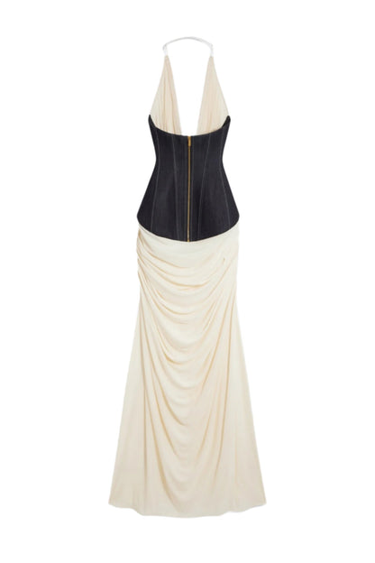 Daryle Halter Denim Corset Ruched Maxi Dress