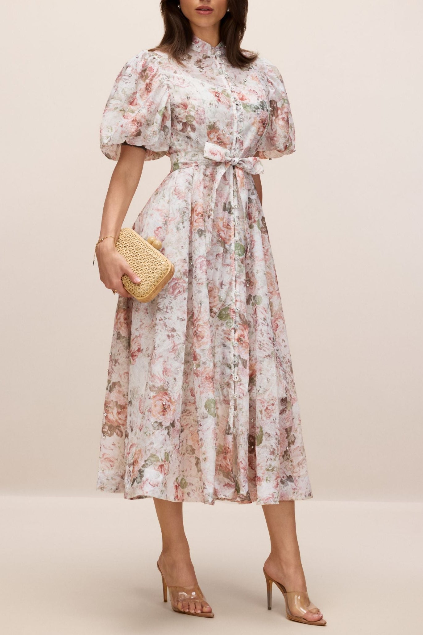 Philipppa Abito midi con maniche a sbuffo e stampa floreale multicolore