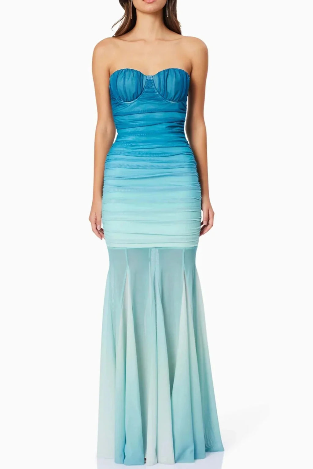 Gradient Mesh Splicing Bodycon Strapless Maxi Dress In Blue