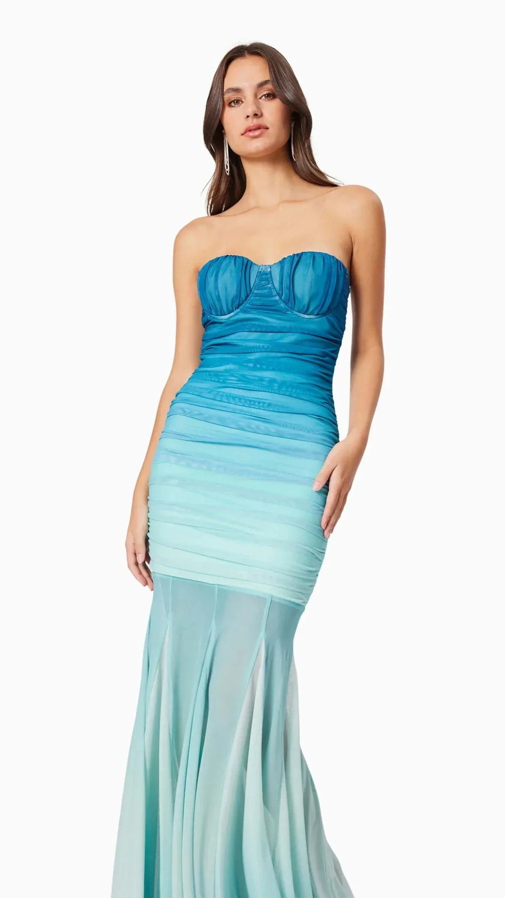 Gradient Mesh Splicing Bodycon Strapless Maxi Dress In Blue