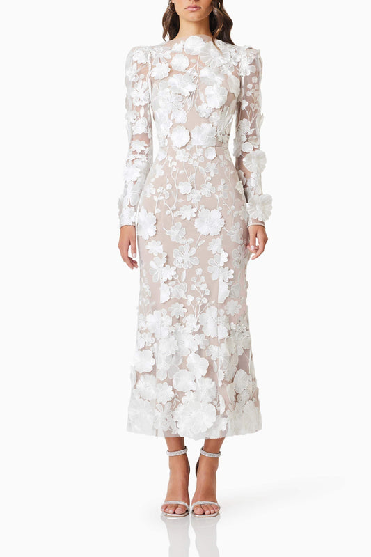 シャノン 3D フローラル ミディドレス（ホワイト） 