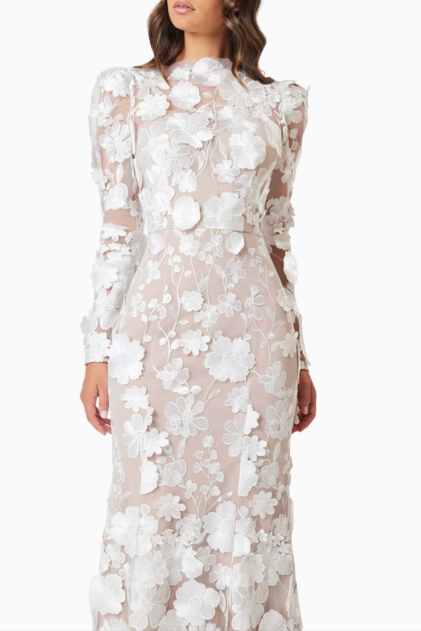 Shannon 3D Floral Midi Dress In White