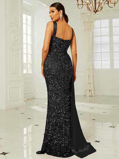 Ribbon Corset Sequin Maxi Prom Dress