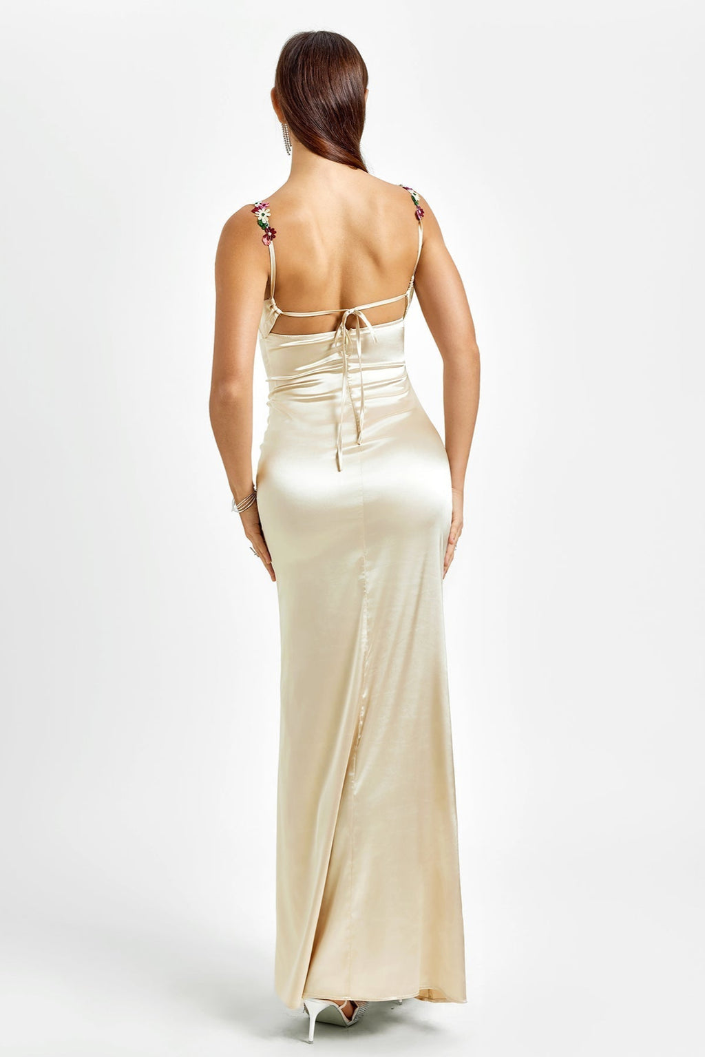 Embellished Strap Tie Back Satin Bodycon Dress