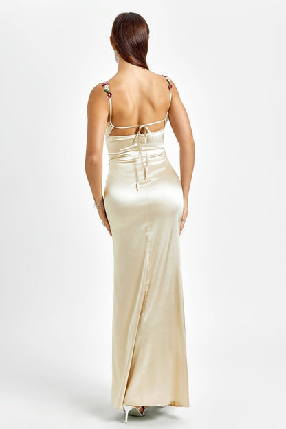 Embellished Strap Tie Back Satin Bodycon Dress