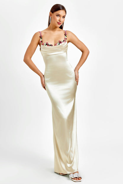 Embellished Strap Tie Back Satin Bodycon Dress