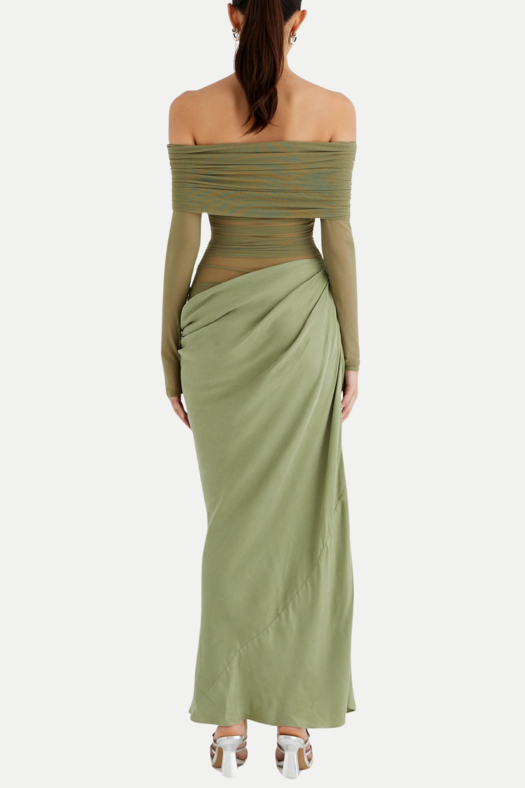 Enko Off Shoulder Ruched Mesh Maxi Dress - Green