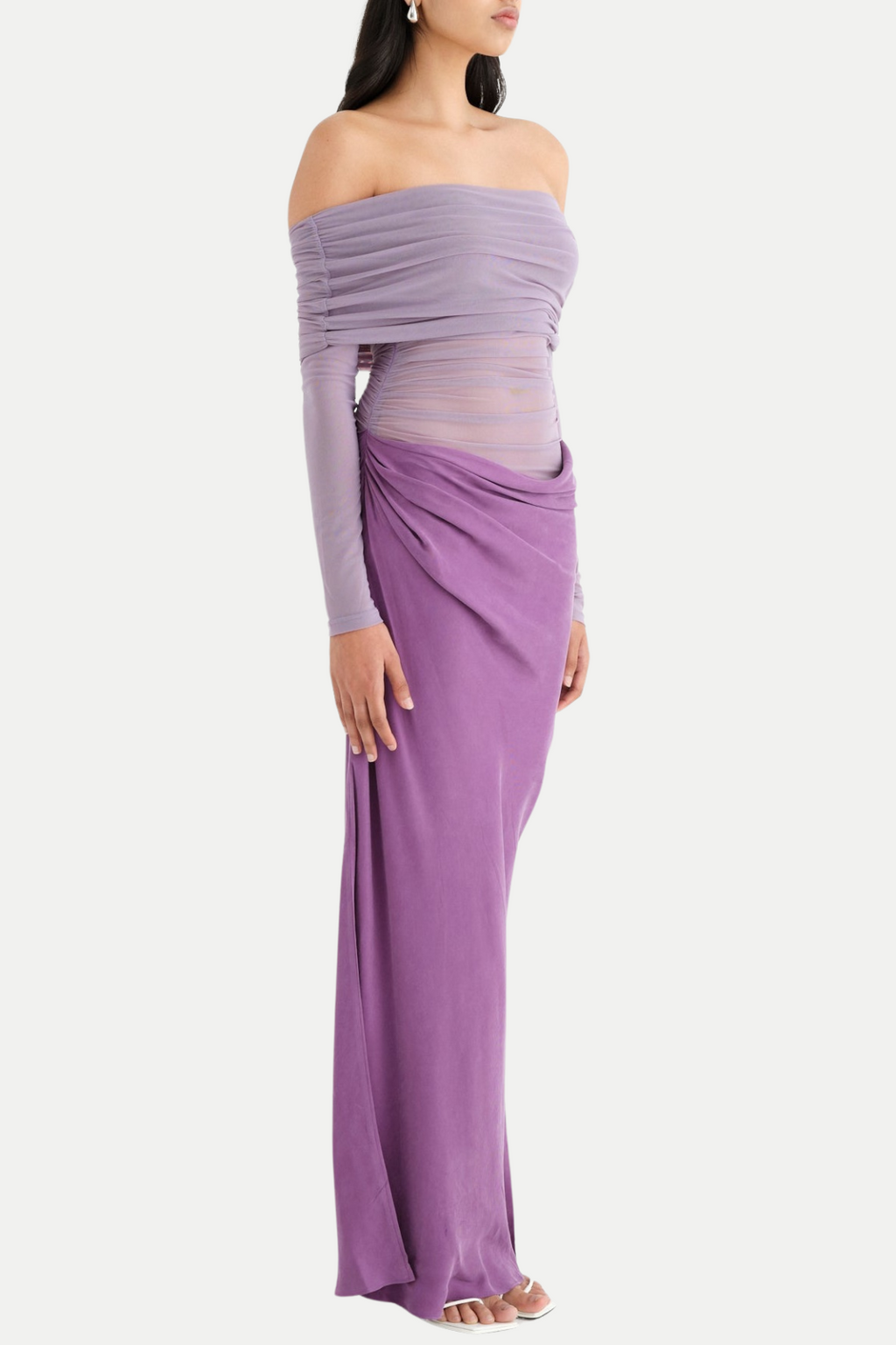 Enko Off Shoulder Ruched Mesh Maxi Dress - Purple