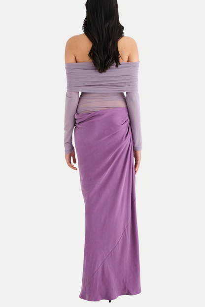 Enko Off Shoulder Ruched Mesh Maxi Dress - Purple