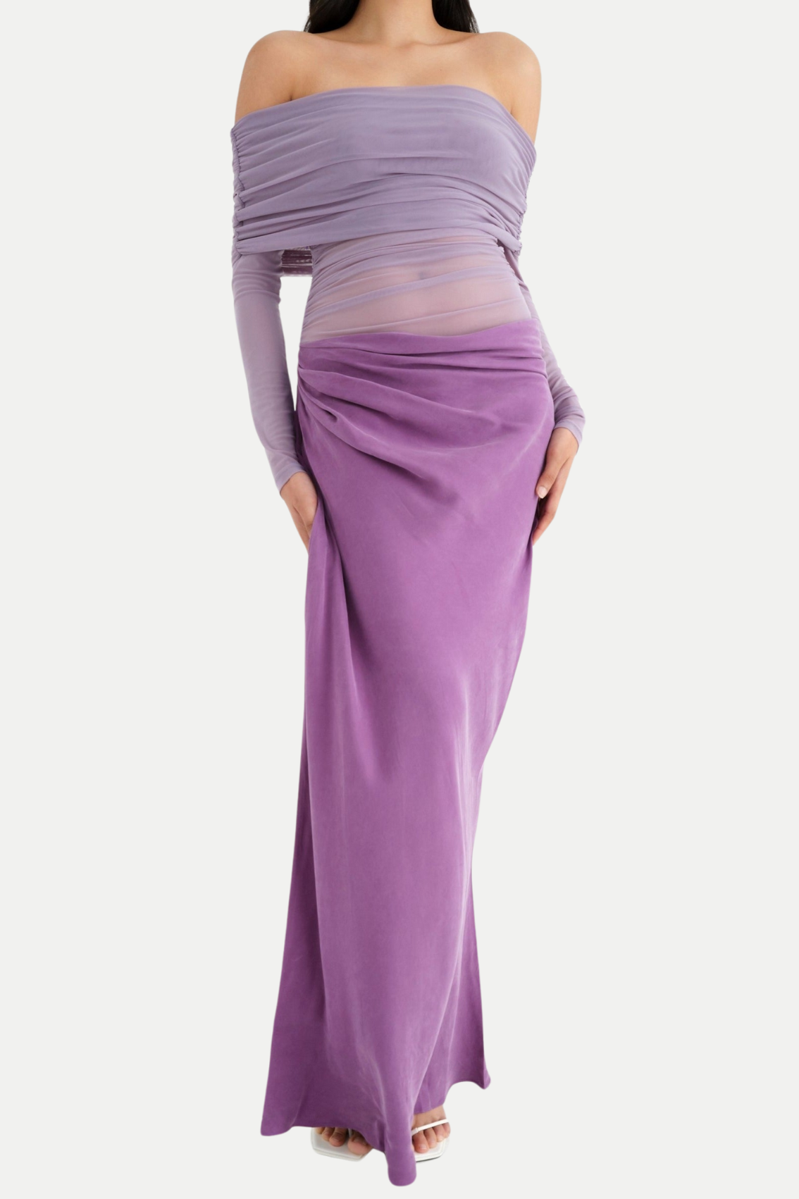 Enko Off Shoulder Ruched Mesh Maxi Dress - Purple