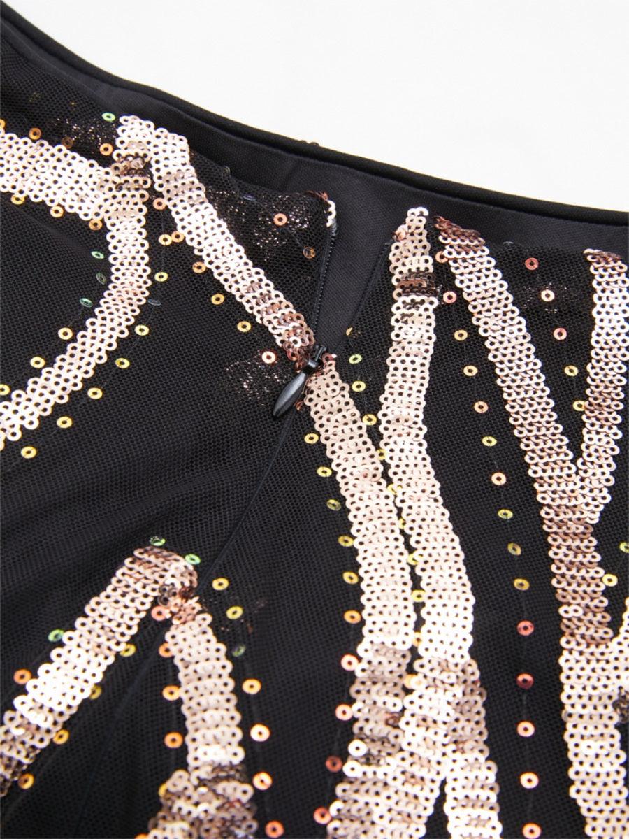 Aライン ロングスリーブ スパンコール ブラック ドレス