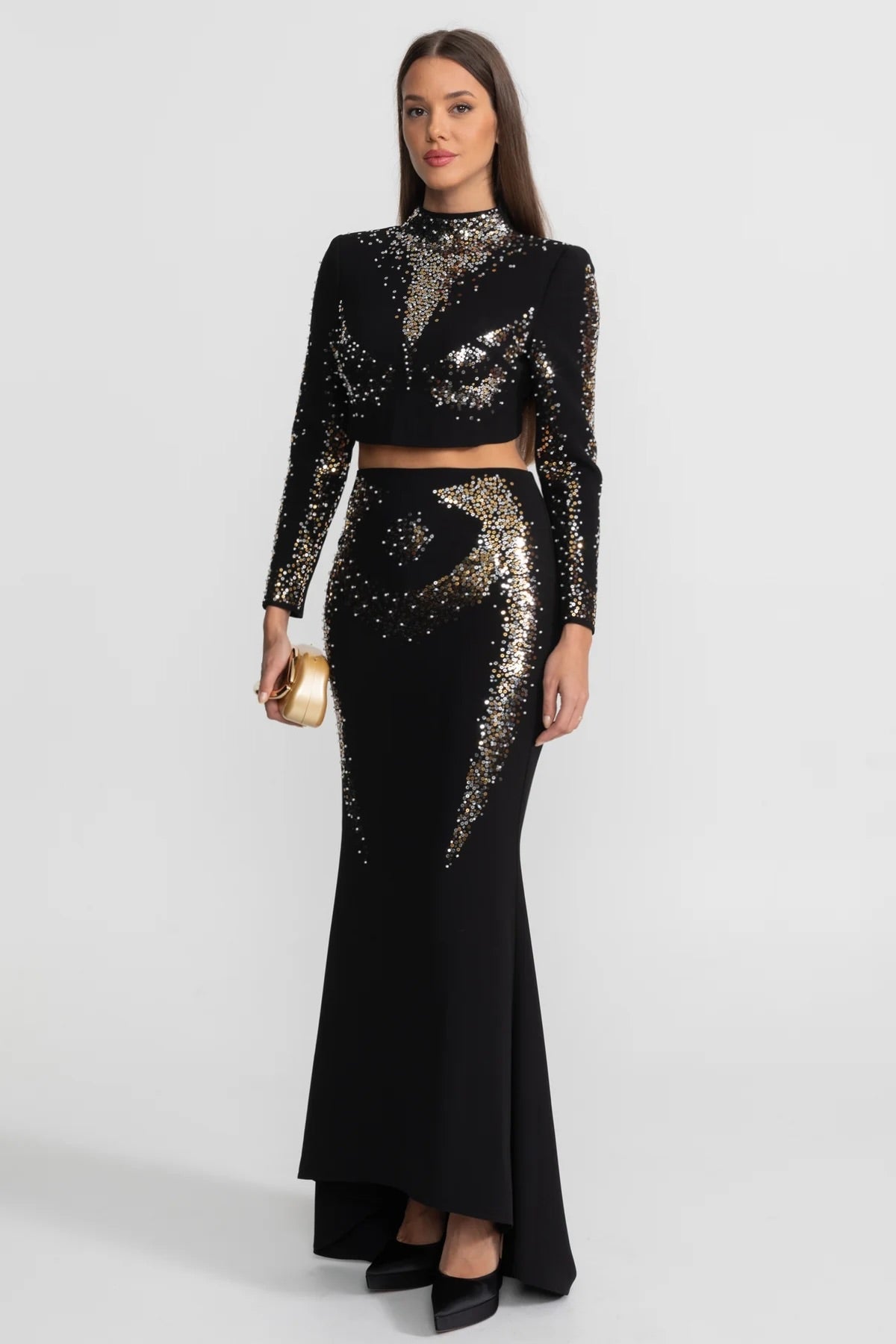 rosalind Embellished Co-Ord Set with Silver and Gold Sequin Detailing - Black