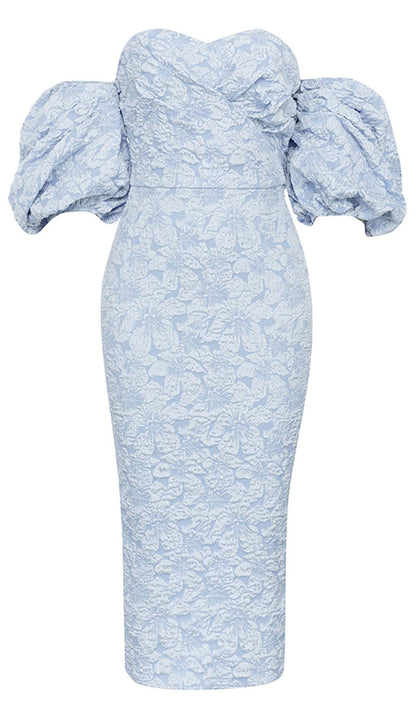 Jacquard PUFF SLEEVE MIDI DRESS IN SKY blue