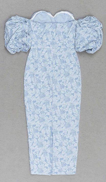 Jacquard PUFF SLEEVE MIDI DRESS IN SKY blue