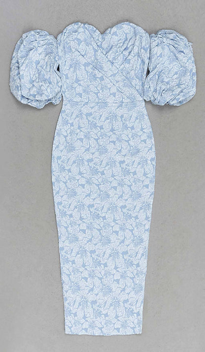 Jacquard PUFF SLEEVE MIDI DRESS IN SKY blue