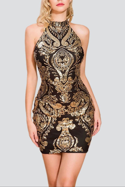 Halterneck Damask Sequin Bodycon Mini Dress