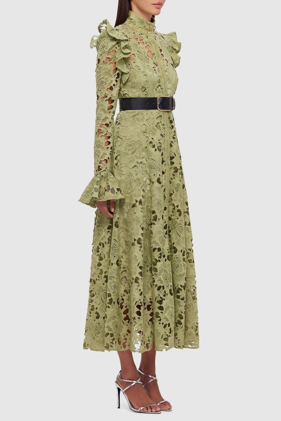 Freya Ruffle Lace-embroidered Belted Midi Dress - Green